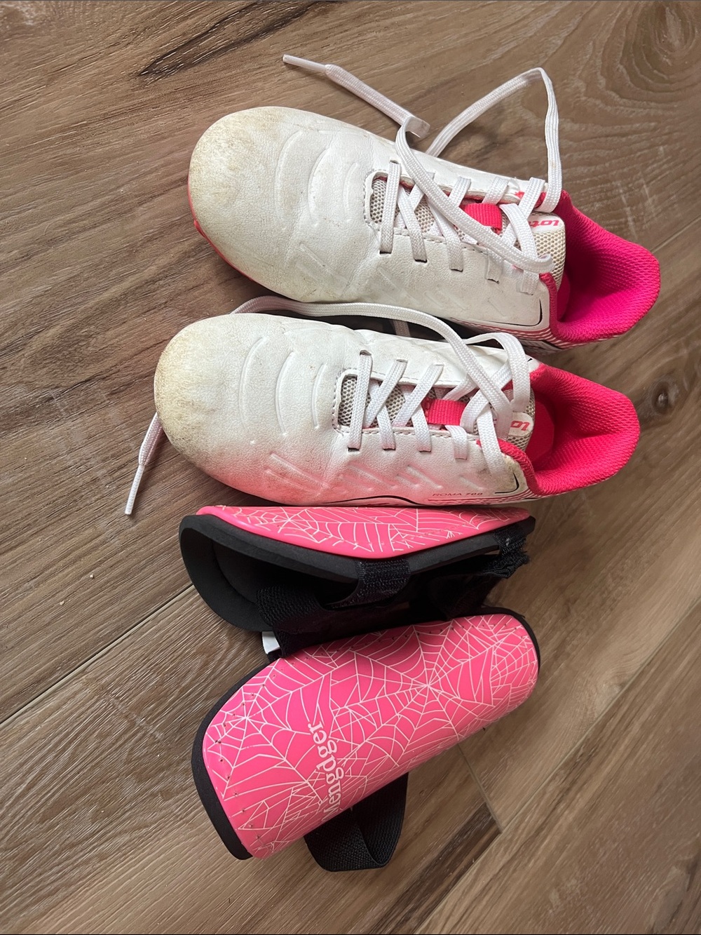 White & Pink Youth Soccer Cleats with Pink Shin Guards